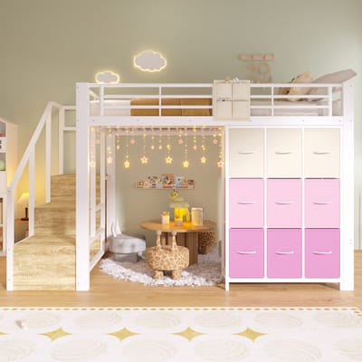 Hoogslaper - 140x200 cm - met Laden, Opbergtrap en Kledingstang - Metaal - Wit