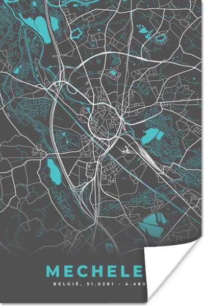 Poster België – Mechelen – Stadskaart – Kaart – Blauw – Plattegrond - 120x180 cm XXL