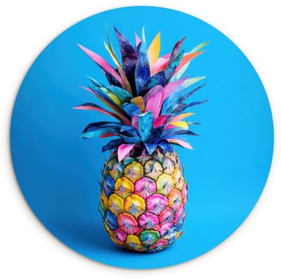 WallCircle® Wandcirkel 120x120 cm - Muurcirkel Ananas - Blauw - Tropisch - Vrolijk - Muurdecoratie woonkamer - Wanddecoratie slaapkamer - Kamer decoratie accessoires - Ronde schilderijen XXL