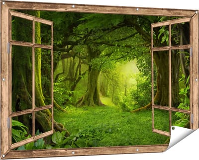 Gards Tuinposter Doorkijk Groene Tropische Jungle Bos - 150x100 cm - Tuindoek - Tuindecoratie - Wanddecoratie buiten - Tuinschilderij