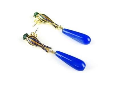 Zilveren oorringen oorbellen geel goud verguld Model Blue Parrot papegaai en blauwe steen