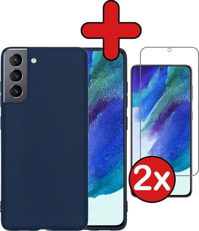 Hoesje - Met 2x Screenprotector - Geschikt voor Samsung Galaxy S21 FE - Sterk & Shockproof - Telefoon Hoes - Back Cover - Siliconen Case - Telefoonhoes - Donkerblauw