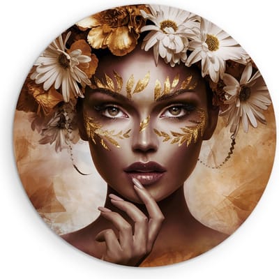 Saammp Muurcirkel Hout - Vrouw met bloemen - Bruin - Ø 90 - Wandcirkel - Wanddecoratie Cirkel - Muurdecoratie Woonkamer - Slaapkamer decoratie - Rond Schilderij
