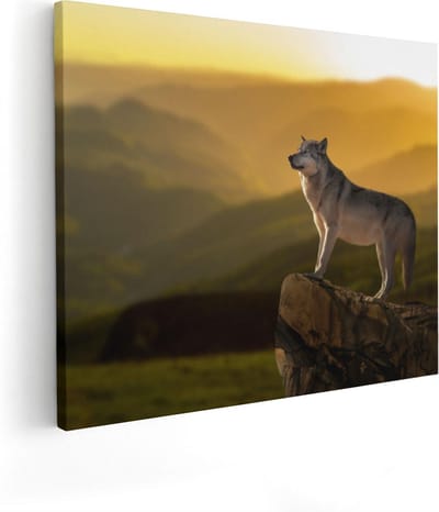 Artaza Canvas Schilderij Wolf - 100x80 cm - Groot - Wanddecoratie Bergen - Muurdecoratie Zonsondergang - Schilderijen Dieren