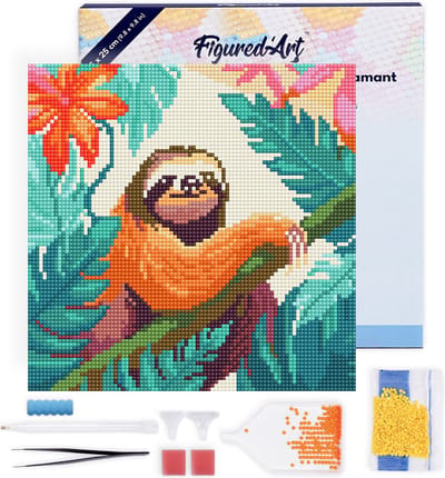 Figured'Art Mini Diamond Painting set Volwassenen 25x25 cm met lijst Tropische Luiaard - 5D DIY Art full drill ronde diamant - Canvas al ingelijst