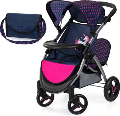 Bayer Design Tweeling poppenwagen Twin Xeo, dubbele poppenwagen, verstelbare duwstang, tas