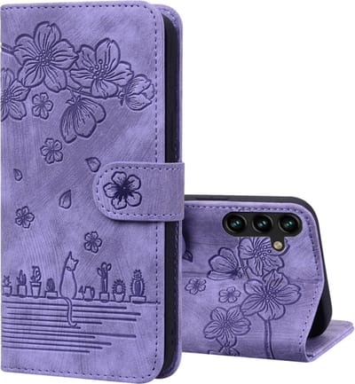 BookCover Hoes Etui geschikt voor Samsung Galaxy A16 - A17 - A26 Paars - Bloemen Kat - Reliëf