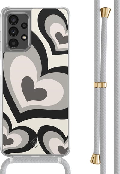 Casimoda® hoesje met grijs koord - Geschikt voor Samsung A13 4G - Hart Swirl Zwart - Afneembaar koord - TPU/polycarbonaat - Zwart