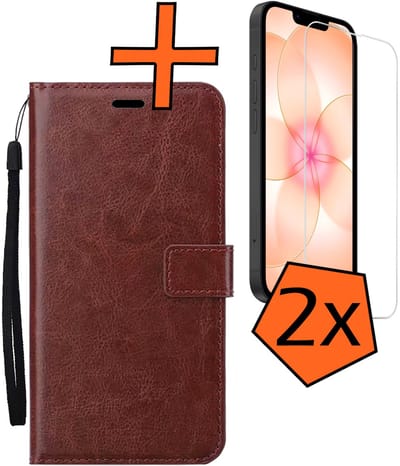 Hoes - Met 2x Screenprotector - Geschikt voor Apple iPhone 17e - Luxe Pasjeshouder - Bookcase Portemonee - Flip Case - Kunstleer Book Case - Flipcase Hoes - Book Cover - Walletcase - PortemonneeHoes - Bruin