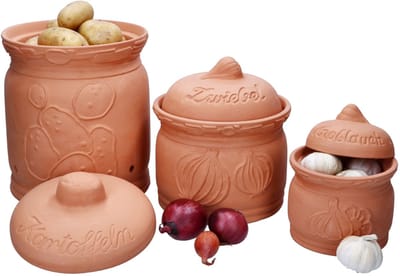 Set van 3 TERRA terracotta aardappel-, uien- & knoflookpotten - 1983, 1984 & 1985