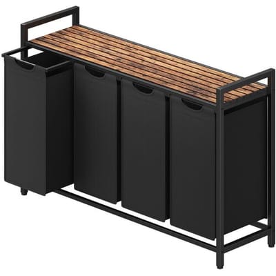 Ochama Uitschuifbare wasmand met afneembare zak, 160 L – wassorteerder met metalen frame en plank, Inktzwart en Rustiek Bruin, 115,6 x 33 x 72,5 cm