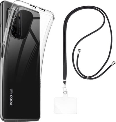 Set met hoesje en nekband voor xiaomi poco f3 - Flexibele, transparante TPU-bescherming, verstelbare universele nekband voor mobiele telefoons, zwarte nekband, transparante draagriem van Phonillico®