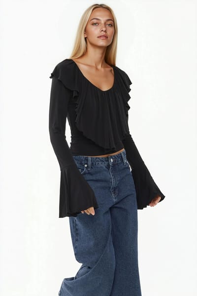 Rimpelende V-hals Elastische Gebreide Blouse