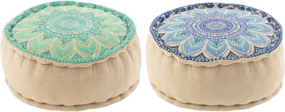 J-Line poef Rond Bloem - katoen - turquoise/blauw - 2 stuks