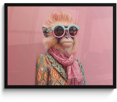 Poster in lijst - Fotolijst 80x60 cm - Posters - Sjaal - Aap - Zonnebril - Jasje - Posterlijst zwart - Decoratie - Wanddecoratie woonkamer - Muurdecoratie slaapkamer
