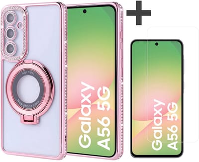 Hoesje met Ringhouder Geschikt voor Samsung Galaxy A56 met Diamant Glitters en Gehard Glas Screenprotector – Arara Backcover - Rosegoud