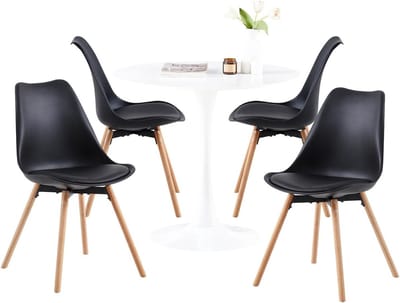 Ronde Eetkamerset Wit Tafel met 4 Zwarte Stoelen - Compact Diner Set voor Keuken of Balkon