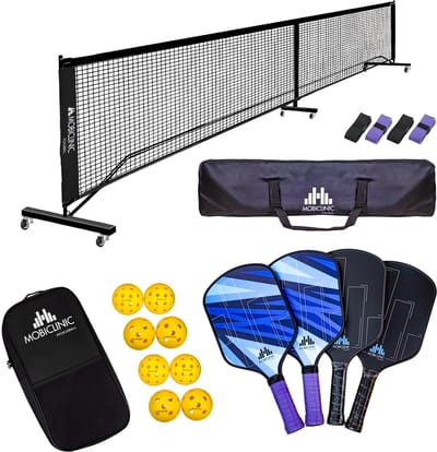 Mobiclinic Mobiall - Pickleball set - 4 glasvezel rackets en 4 ballen - Net met wielen - Draagtas - Antislipgreep - 6,66 x 0,99 m