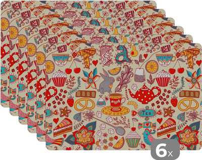 Placemat - Placemats kunststof - Thee - Dieren - Snoepgoed - Regenboog - Patronen - 45x30 cm - 6 stuks - Hittebestendig - Anti-Slip - Onderlegger - Afneembaar