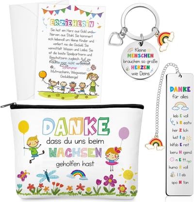 Dailygoods- Bedankcadeaus Set van 5 - Cadeauset voor Opvoeders - Sleutelhanger met Gravure - Metalen Bladwijzer - Make-uptas - Bedankkaart met Envelop