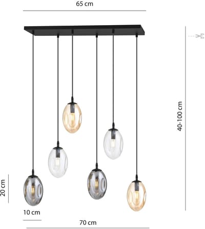Euluna - hanglamp - 6lichts - Staal, glas - E14 - zwart, helder, amber, rookgrijs