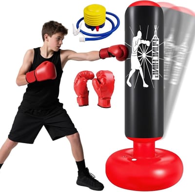 Boxing Bag Set voor Kinderen met Bokshandschoenen en Luchtpomp, 160 cm, Opblaasbare Bokszak voor Binnen en Buiten, Geschikt voor Jongens en Meisjes vanaf 6 Jaar