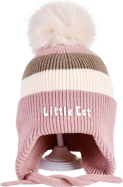 Decopatent LITTLE CAT - Muts Kind - Kinder muts met pompon - 6 Maanden t/m 6 jaar - Maat 48/52 - Kindermutsen Jongens & Meisjes - Gebreide Muts met Binnenvoering - Muts Baby / Peuter / Kleuter - Wintermuts - Kleur: Roze met gekleurde Strepen