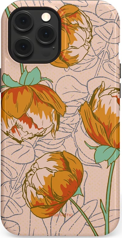 Casetastic hoesje geschikt voor Apple iPhone 12 Pro Max - MagSafe - Dubbellaagse bescherming - Lente pioenroos - Fashion Case - Zand Zilver Okergeel Terracotta