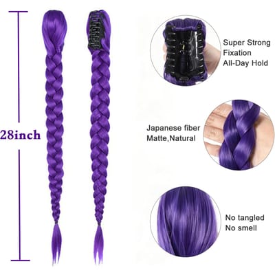 Paarse 26-inch Vlecht Clip-in Paardenstaart Haarverlenging Lange Paardenstaart Haarstukjes Cosplay voor Kinderen Meisje Halloween Kerstmis 1pc purple
