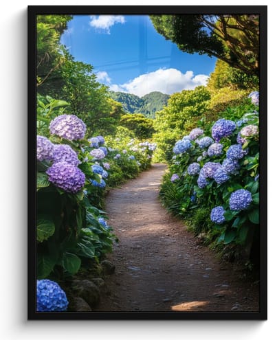 Poster in lijst - Fotolijst 50x70 cm - Posters - Hortsensia - Pad - Bloemen - Posterlijst zwart - Decoratie - Wanddecoratie woonkamer - Muurdecoratie slaapkamer