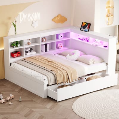 MEUNIQ tweepersoonsbed 140x200 cm met opberglades, open vakken, USB-aansluiting en LED-lichtstrip, houten bedframe voor slaapkamer, wit