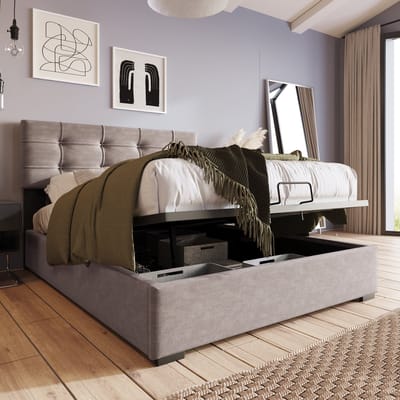 STILVORA Eenpersoonsbedden 90x200 cm - Gestoffeerd Bed Met Onderbed En Opbergruimte - Verstelbaar Hoofdeinde - Massief Hout - Grijs (inclusief Matras)
