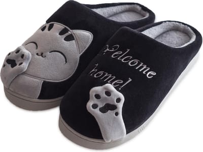 Geweo Home Sloffen - Pantoffels - Open Sloffen - Koraal Fleece Pantoffels Dames - Antislip - Leuk Katje - Kerstmis - Kerstfeest - Christmas Gift  - Zwart - Maat 39/40