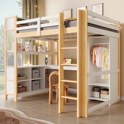HAUSS SPOLE Hoogslaper 140x200 cm - Met Bureau, Kledingkast en Open Planken - Zonder Matras - Grenen Hout en MDF - Naturel