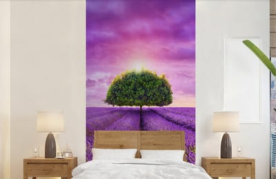 Behang - Fotobehang Lavendel - Boom - Paars - Wolken - Breedte 120 cm x hoogte 240 cm