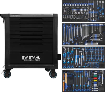 SW-Stahl Z3212 professionele werkplaatswagen TT802 zwart I 8 laden I 4 laden gevuld I 338 delig I werkplaatswagen voorzien van gereedschap I twin-lock I werkplaatswagen kit I volledig uitgerust