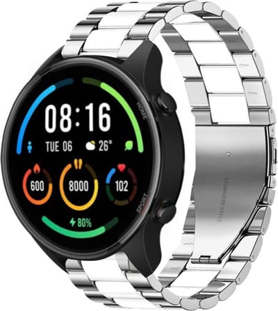 Strap-it Stalen schakel bandje - geschikt voor Xiaomi Mi Watch / Xiaomi Watch S1 / Watch S1 Pro / Watch 2 Pro - Active - zilver/wit