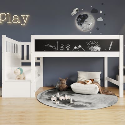 Halfhoogslaper 90 x 200 cm - kinderbed met whiteboard en schoolbord - opbergruimte en veiligheidsrail - wit - zonder matras