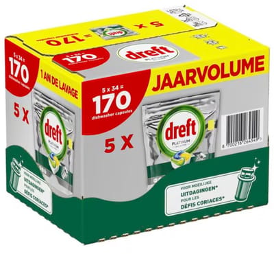 Dreft Platinum 170 stuks Vaatwastabletten Citroen - Anti-Dofheidstechnologie - 5 x34 stuks
