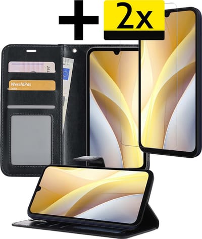 Hoesje - Met 2x Screenprotector - Geschikt voor Samsung Galaxy A15 - Luxe Pasjeshouder - Bookcase Portemonee - Flip Case - Kunstleer Book Case - Flipcase Hoes - Book Cover - Walletcase - Portemonneehoes - Telefoonhoesjes - Zwart