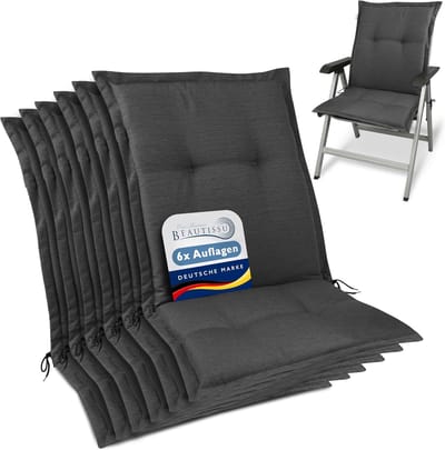 Beautissu HighLux NL – Set van 6 Tuinkussen Lage Rug Kussen 105x50x7cm – Outdoor Zitkussen voor Tuinstoel Antraciet