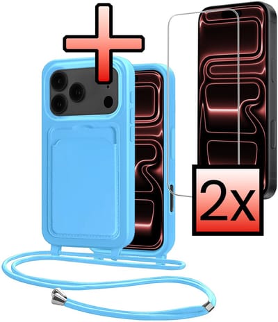 Hoes Geschikt voor iPhone 17 Pro Hoesje Pasjeshouder Cover Met Koord Case Siliconen Hoes Met Telefoonkoord en Kaarthouder Met 2x Screenprotector - Lichtblauw