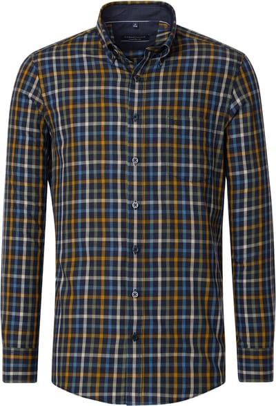 CASA MODA Sport casual fit overhemd - twill - blauw - groen - oranje geruit - Strijkvriendelijk - Boordmaat: 51 - 52