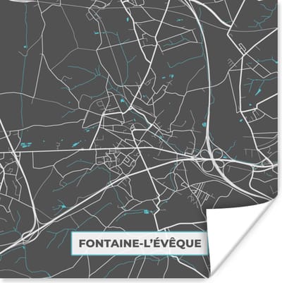 Poster Stadskaart – Grijs - Kaart – Fontaine l'Évêque– België – Plattegrond - 100x100 cm XXL