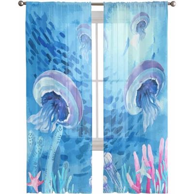 Oceaan Koraal Zeester Kwal School Zomer Slaapkamer Gordijnen Tule Transparant Gordijn Woonkamer Huisdecoratie Voile Draperieën 135W x 114H(cm) white