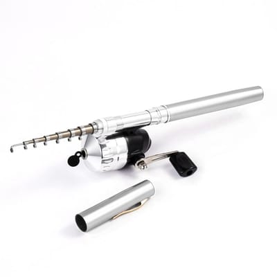 Mini Canne à Pêche Télescopique de Poche en Forme de Stylo et Kit Combo Moulinet de Pêche 1.4m argenté