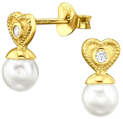 Joy|S - Zilveren hartje met parel oorbellen - 6 x 12.5 mm - zirkonia - sterling zilver 925 - gold plated