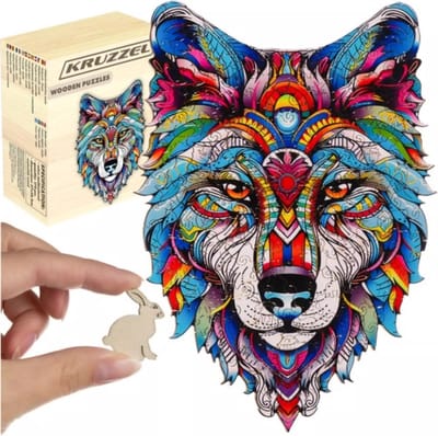 Kruzzel Houten Wolf Puzzel – 170 Stukken – Kleurrijke en Unieke Decoratieve Puzzel