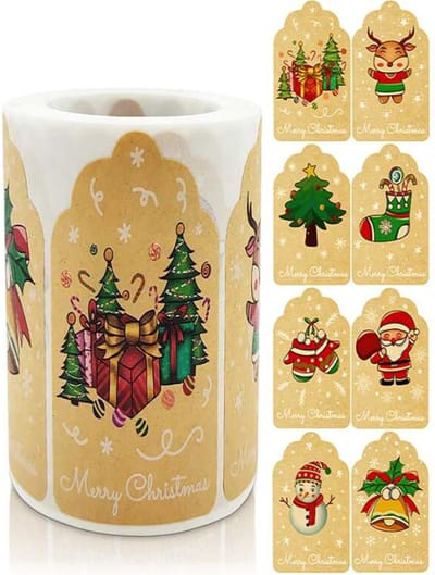Kerst / Merry Christmas - Kraft - Naamstickers - Feestdagen - Naam Sluitzegel - Naamlabels - Label | 8 assorti | Stickers - Envelop sticker - Kaart | Cadeau – Gift – Cadeauzakje - DH collection