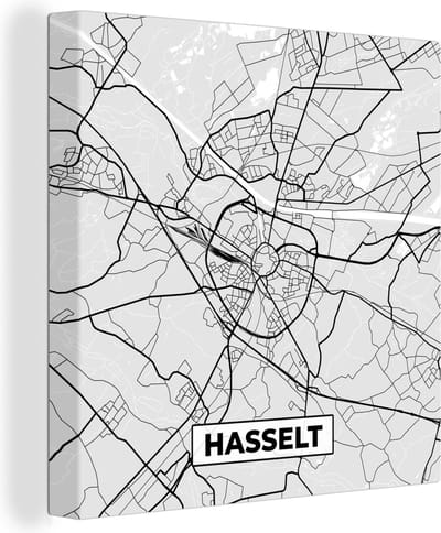 Canvas Schilderij Stadskaart – Plattegrond – België – Zwart Wit – Hasselt – Kaart - 20x20 cm - Wanddecoratie